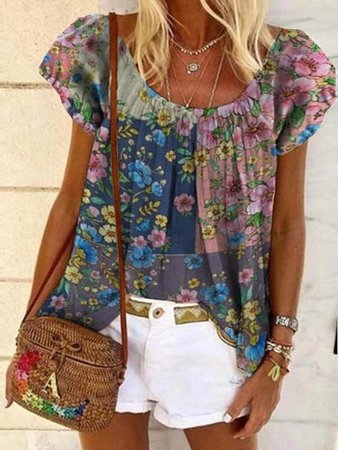 

Casual Crew Neck Loosen Short Sleeve Tops, Multicolor, T-Shirts