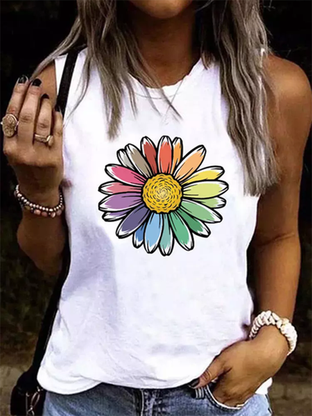 

Crew Neck Sunflower Casual Knit Tank, White, Tank Top