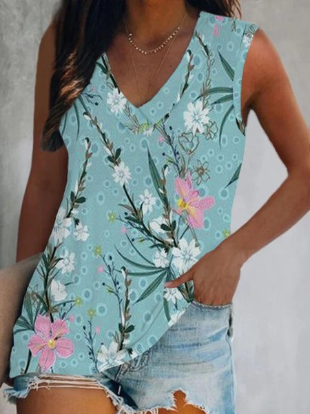 

Casual Floral Sleeveless V Neck Plus Size Printed Tank Top Vests, Blue, Tank Top