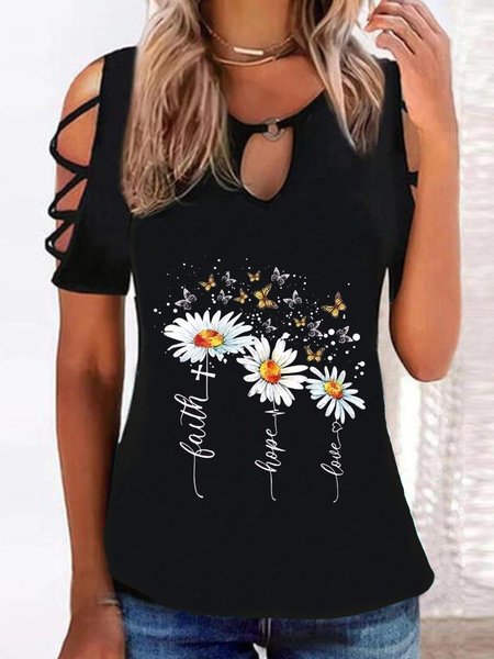 

Casual Floral Short Sleeve Round Neck Plus Size Printed Tops T-shirts, Black, T-Shirts