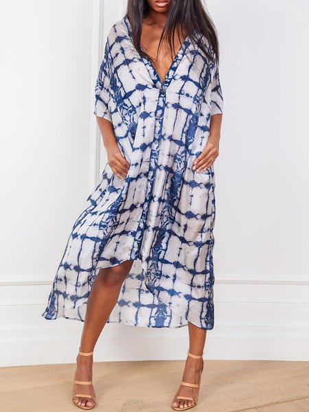 

V neck Casual Loosen Half sleeve Woven Dress, Blue, Midi Dresses