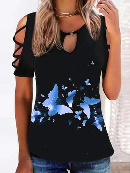 

Casual Vacation Regular Fit Butterfly Printed Black T-Shirts, T-Shirts