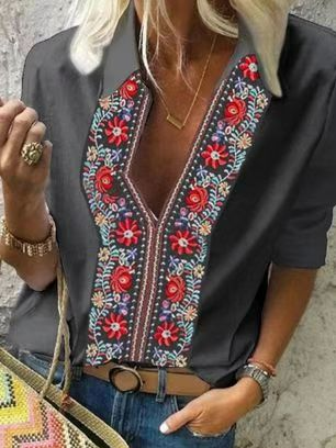 

Shirt Collar Vacation Tribal Mid Sleeve Blouse, Black, Blouses & Shirts