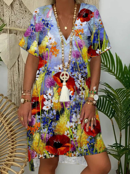 

Boho V Neck Loosen Floral Short Sleeve Woven Dress, Multicolor, Dresses
