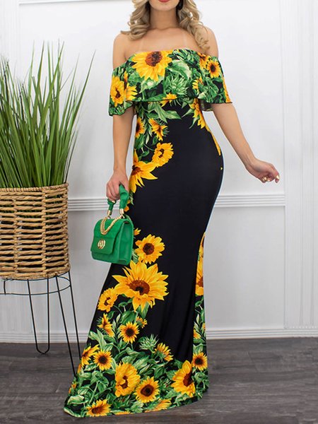 

Sunflower Boat Neck Short Sleeve Knit Dress, As picture, Maxi Dresses