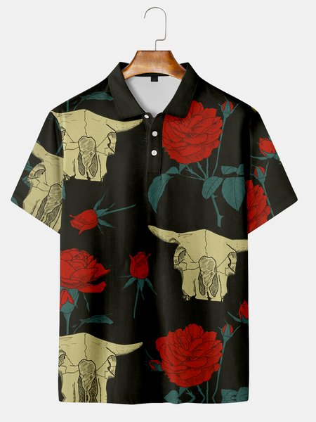 

Casual Culture Collection Vintage Floral and Bull Tau Element Lapel Short Sleeve Polo Print Top, Black, Men's t-shirts