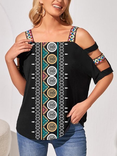 

Cotton Blends Loosen Casual Short Sleeve Tops, Black, Shirts & Blouses