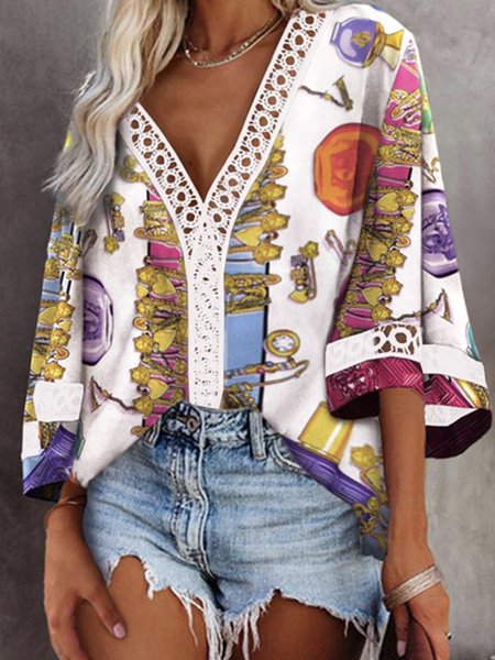 

Vacation Floral Long Sleeve Blouse, White, Shirts & Blouses