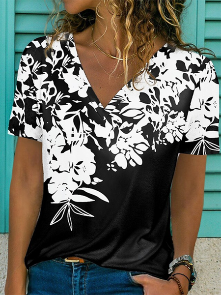 

Floral V Neck Short Sleeve Casual T-Shirt, Black, T-Shirts