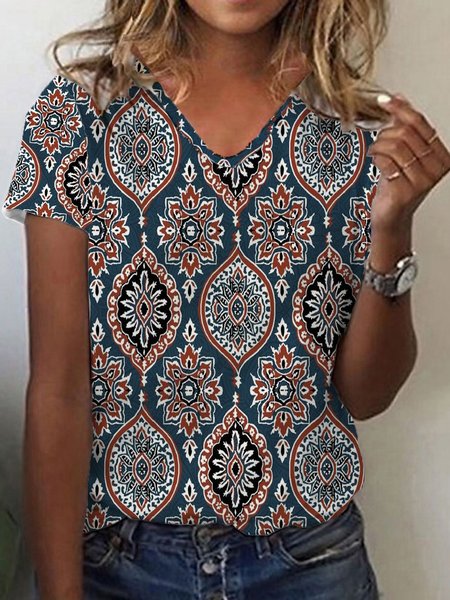 

Casual Geometric V Neck Short Sleeve Loosen T-Shirt, As picture, T-Shirts