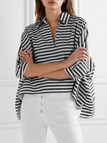 

Shirt Collar Simple Striped Long Sleeve Top, Black-white, Tops