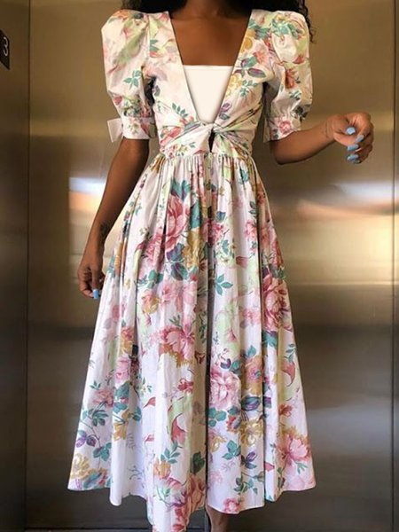 

Floral V Neck Short Sleeve Woven Midi Dress, Multicolor, Midi Dresses