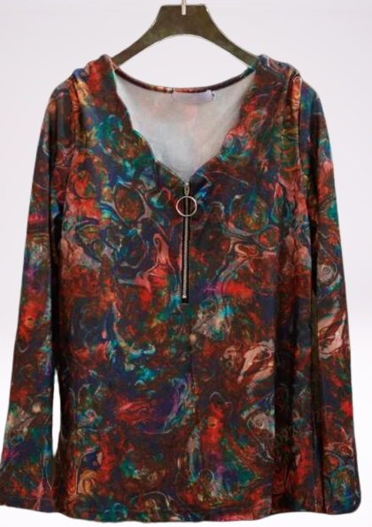 

Casual Long Sleeve Geometric Zipper Top, Orange, Tops