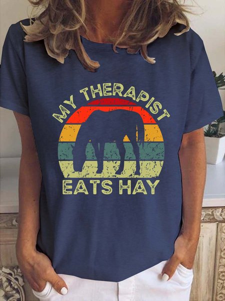 

My Therapist Eats Hay Horse Print T-shirt, Deep blue, T-shirts