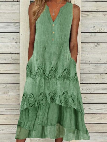 

V Neck Buttoned Floral Sleeveless Woven Dress, Light_green, Dresses