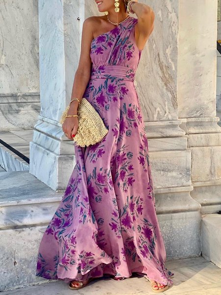 

Vacation Sleeveless Off The Shoulder Floral Dress, Purple, Maxi Dresses