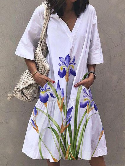 Cotton Floral Boho Short Sleeve Woven Dress, White, Floral Dresses