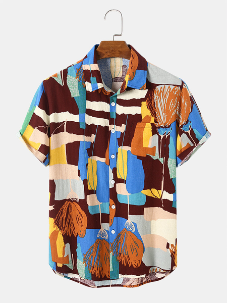 

Cotton Linen Geometric Casual Short Sleeve Shirt, As picture, Shirts ＆ Blouse
