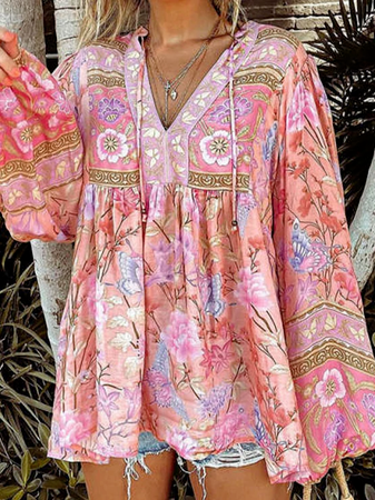 

Boho Vacation Floral Tribal Regular Fit Long Sleeve Blouse, Pink, Shirts & Blouses