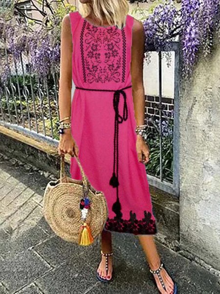 

Crew Neck Tribal Elegant Short Sleeve Woven Dress, Deep pink, Midi Dresses