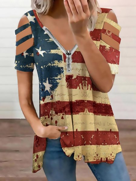 Casual USA Flag Casual Short Sleeve Top, As picture, Blouses