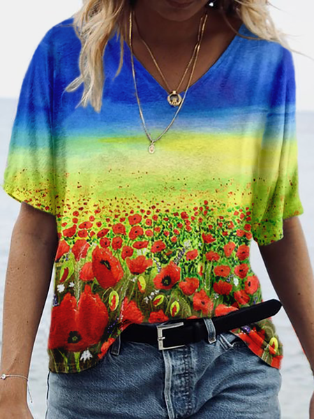 

Plus size Poppy Printed Casual Short Sleeve T-Shirt, Multicolor, T-Shirts