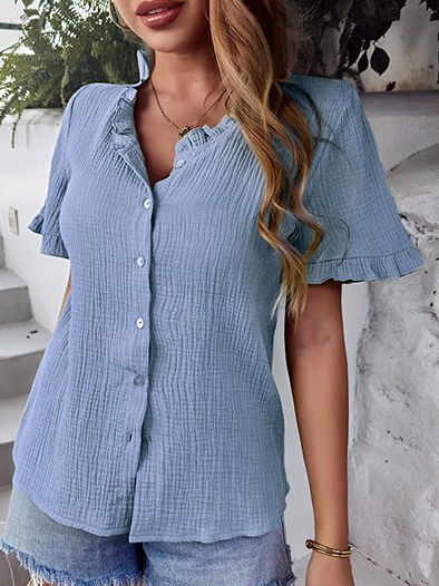 

Blue Ruffled Cotton Hemp Short-Sleeve Button-Up Top Plain Vacation Crew Neck Short Sleeve Tops, Blouses & Shirts