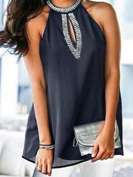 

Buttoned Geometric Halter Short Sleeve Blouse Tops, Blue, Tops