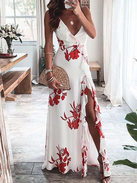 

V Neck Vacation Slim Fit Sleeveless Dress, White, Maxi Dresses