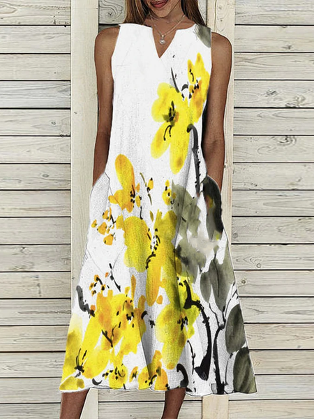 

Cotton Blends Floral Sleeveless Woven Dresses, White, Dresses