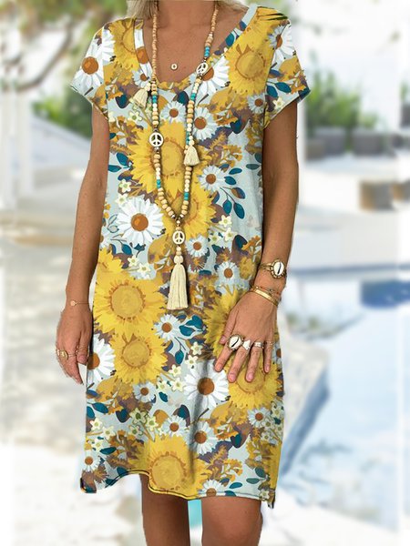 

Vacation Floral Sunflower Printed Loosen V Neck Midi Short Sleeve Knit Dress, Flower, Mini Dresses