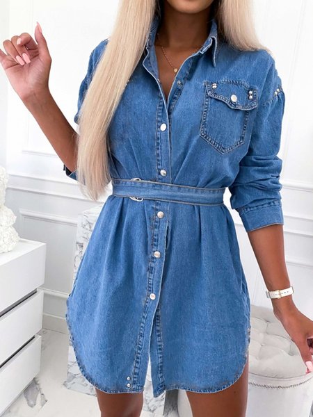 

Solid Casual Pockets Short Sleeve Woven Dress With Belt, Blue, Mini Dresses
