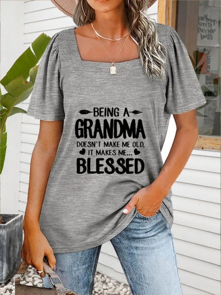 

Casual Short Sleeve Square Neck Plus Size Printed Tops T-shirts, Gray, T-Shirts