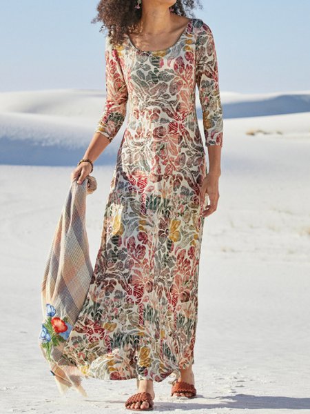 

Casual Leaves Printed Long Sleeve Knit Dress, Multicolor, Maxi Dresses