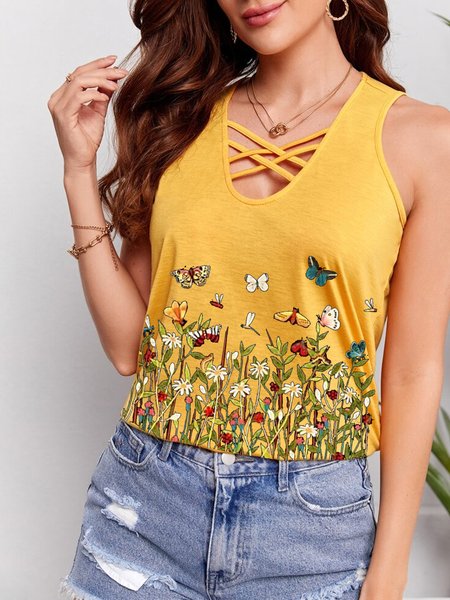 

Loosen Casual Floral V Neck Short Sleeve T-Shirt, Yellow, Tanks & Camis