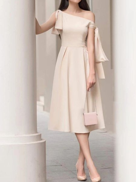 

Boat Neck Elegant Short Sleeve Woven Dress, Apricot, Midi Dresses