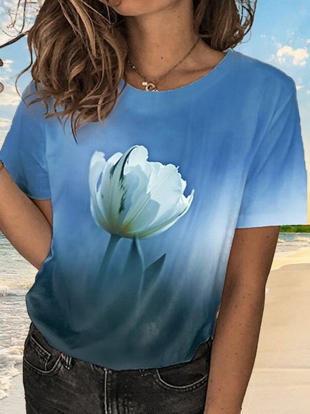 

Crew Neck Casual Loosen Short Sleeve T-Shirt, Blue, T-Shirts