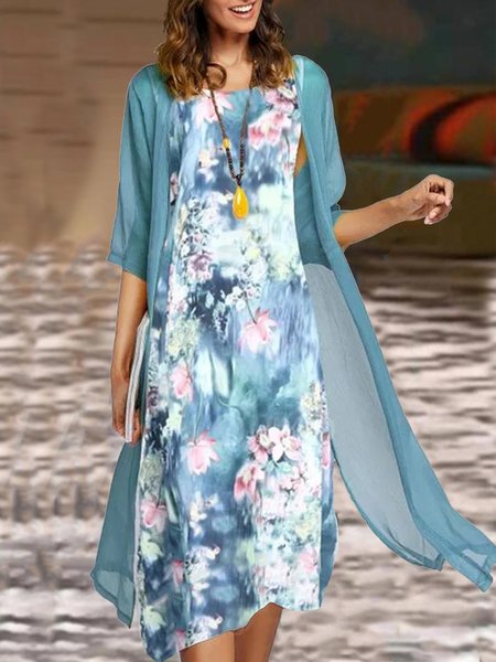 

Crew Neck Midi Floral Casual Two Piece Sets, Blue, Maxi Dresses