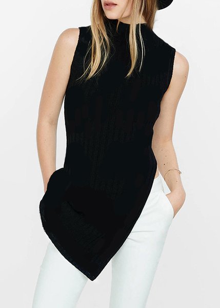 

Simple Stand Collar Slit T-Shirt, Black, Tees