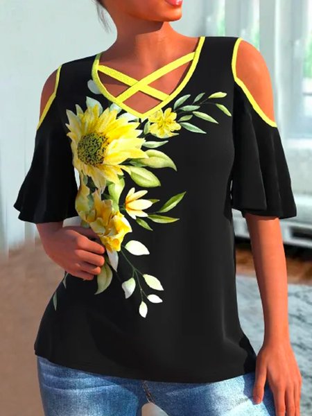 Casual Short Sleeve Tops, Black, Tops