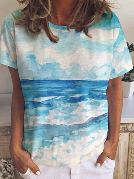 

Beach Watercolor Seascape Ocean Coast Neutral Art Print Casual Short Sleeve T-Shirt, As picture, T-shirts