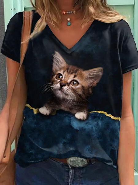 

V-neck Casual Loose Bronzing Cat Print Short-sleeved T-shirt, Black, T-Shirts