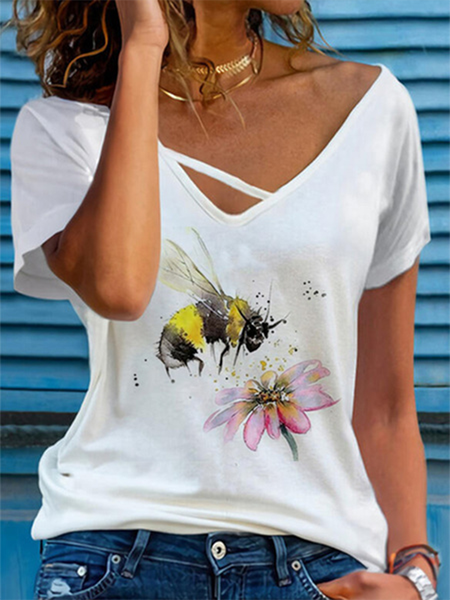 

Bee Floral V neck Short Sleeve Casual T-Shirt, White, T-Shirts