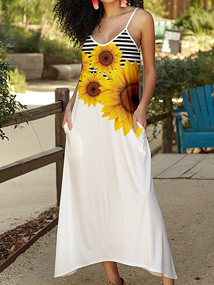 

Yellow Sunflower Print Sleeveless Resort Seaside Dress Sunflower Spaghetti Vacation Short Sleeve Knit Dress, White, Floral Dresses