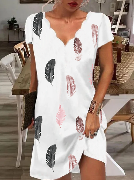 

Feather Casual V Neck Short Sleeve Knit Dress, White, Mini Dresses