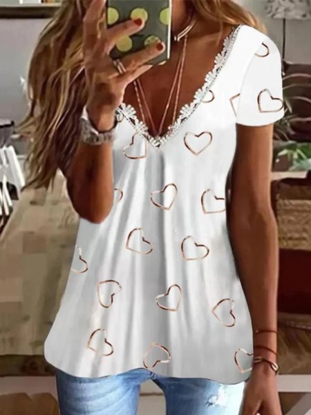 

Casual Heart Short Sleeve V Neck Plus Size Printed Tops T-shirts, White, T-Shirts