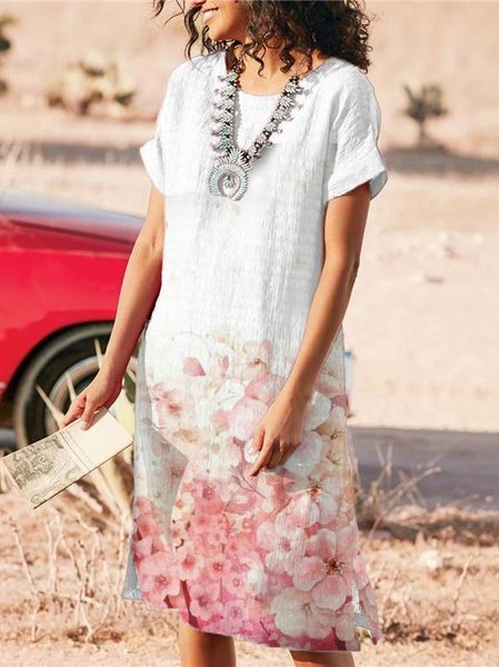 

Vacation Crew Neck Floral Short Sleeve Woven Dress, White, Midi Dresses
