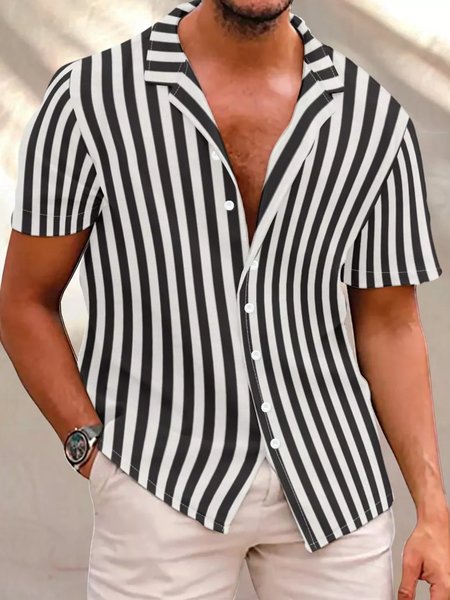 

Black And White Stripe Men's Short Sleeve Shirt, As picture, Short Sleeves Shirts