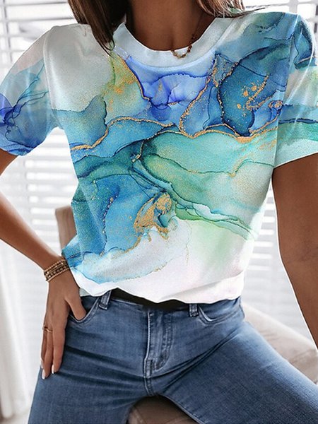 

Loosen Crew Neck Short Sleeve T-Shirt, Blue, T-Shirts