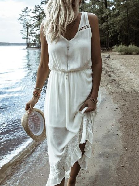 

Lace V Neck Casual Plain Short Sleeve Woven Dress, White, Maxi Dresses